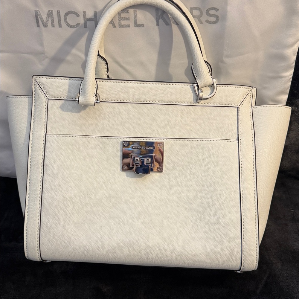 Michael Kors Cream Leather Structured Tote with Silver Hardware